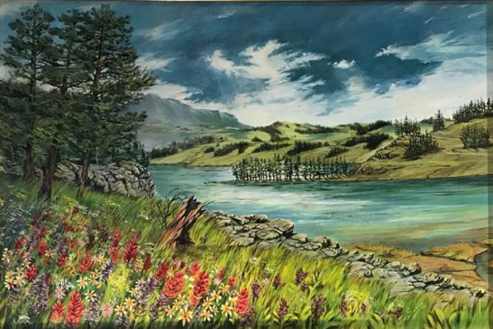 A beautiful landscape painting with dark skies, river, mountains and wild flowers.