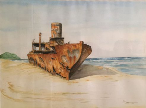 Water colour painting of a ship wreck on a sandy beach