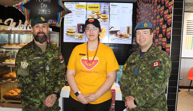 (Left to right) Colonel Jonathan Michaud, Base Commander, CFB Borden; Lizzy Wright, People Manager, Angus McDonald’s; Acting Base Chief CWO Gauthier. (Photo by: Emily Nakeff, Borden Citizen)